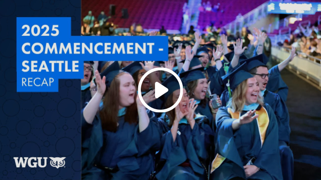 Video thumbnail for a 2025 Seattle Commencement recap, showing a lively graduation crowd and colorful balloons.